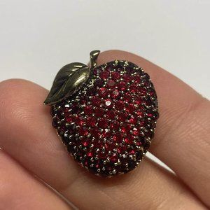 Signed Monet Costume Brooch Pin - Gold Tone Rhinestone Red Apple